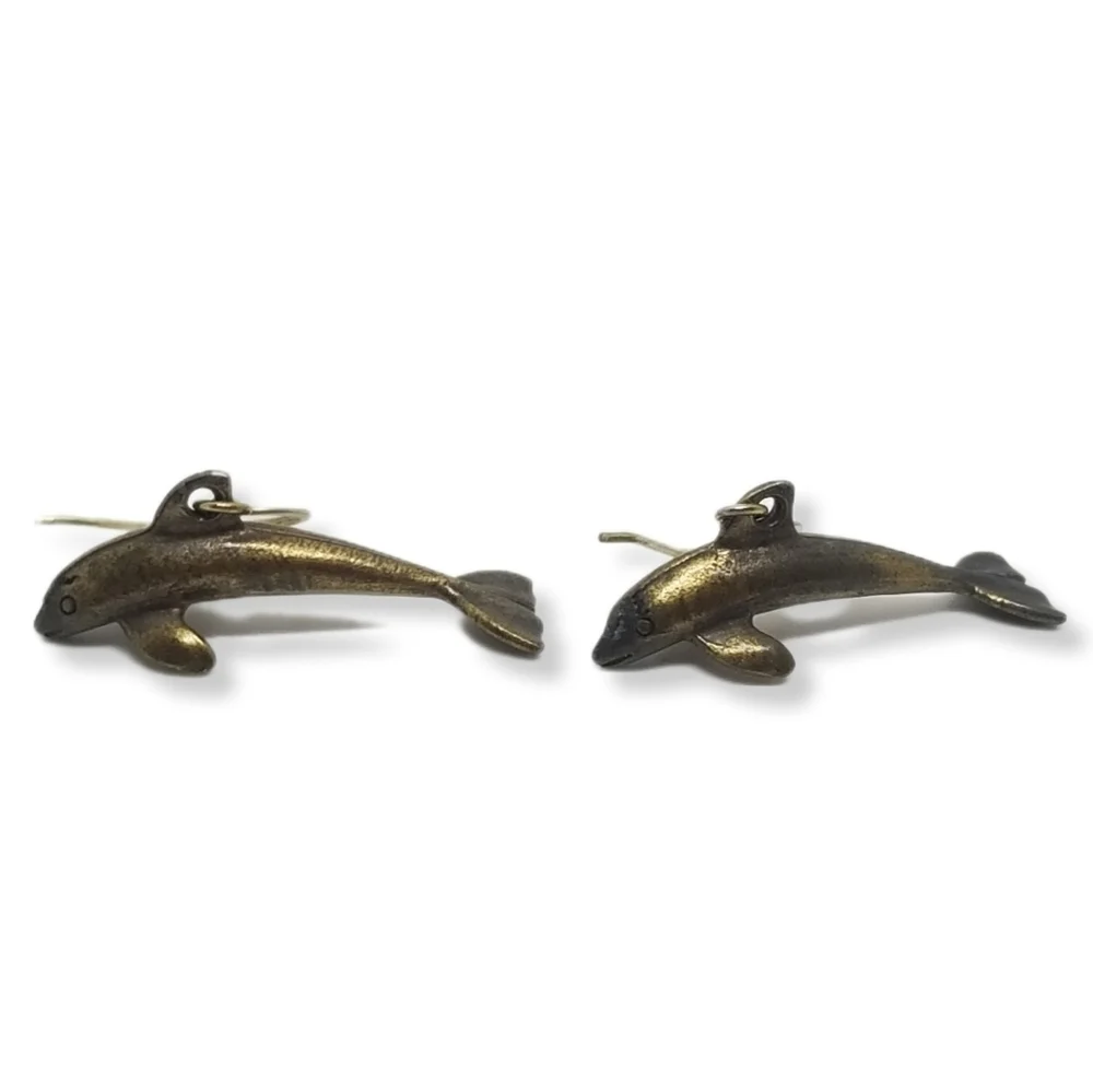 VINTAGE BRASS DOLPHIN DROP HOOK STYLE EARRINGS